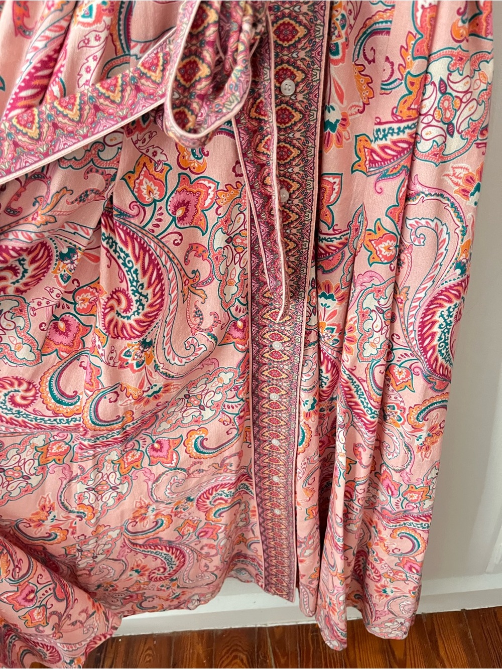 Venus Pink Paisley Boho Linen Long Sleeve Belted Maxi Dress Size 12 - Picture 6 of 9